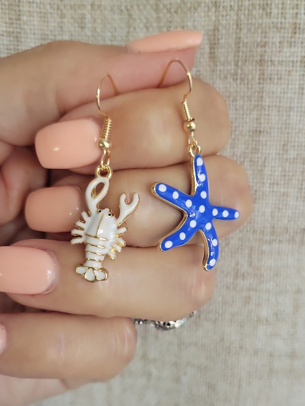 Nautical Starfish & Lobster Dangle Earrings - Blue & White